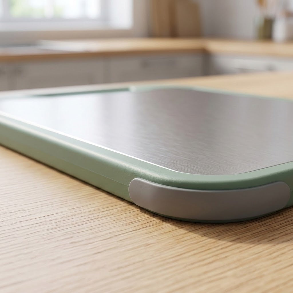 A green-framed stainless steel cutting board rests on a wooden countertop, with a gray anti-slip corner pad visible.