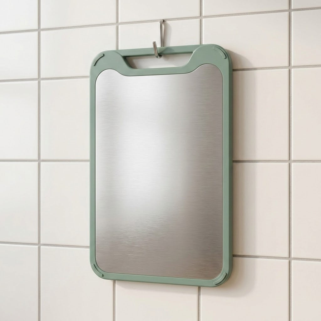 A rectangular kitchen cutting board with a brushed stainless steel center and a sage green frame, hanging on a white tiled wall.