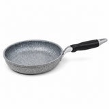 One grey speckled non-stick frying pan with a single black handle on a pure white background.