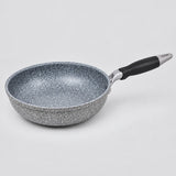 Grey speckled non-stick wok with a black handle shown alone against a pale studio background.