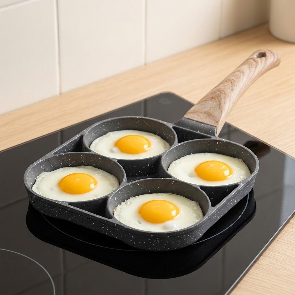 Dark gray speckled egg frying pan with four wells and a wood-grain handle cooking four eggs on a black kitchen cooktop.