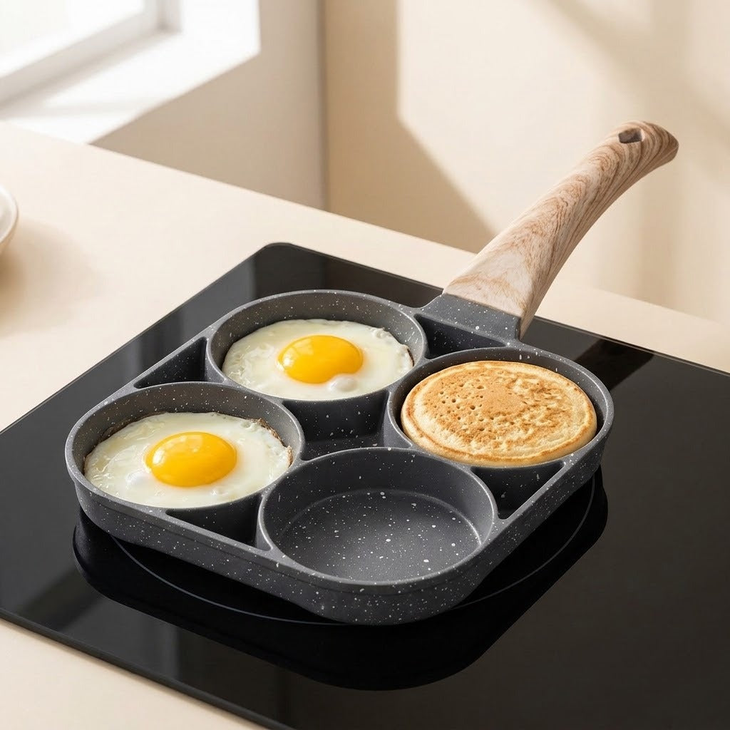 Four-well speckled gray egg frying pan cooking two eggs and one pancake, with one empty well on a black cooktop.