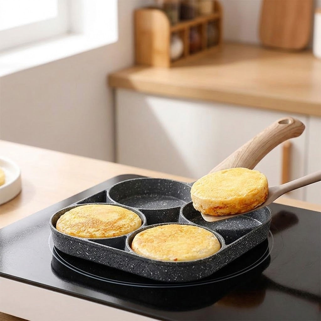A dark speckled four-well egg frying pan sits on a black kitchen cooktop as a spatula lifts one of three golden pancakes.