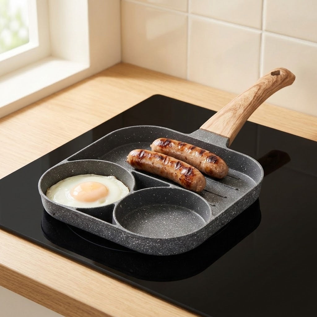 A gray speckled egg frying pan with a wood-grain handle holds an egg and two sausages on a black kitchen cooktop.
