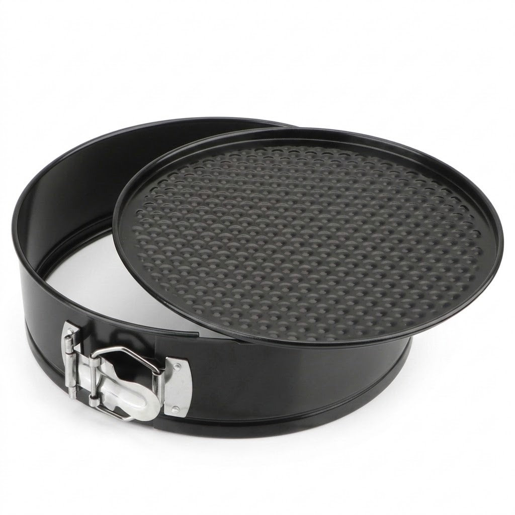 A black springform pan with a textured non-stick coated interior and a silver metal clasp, shown on a plain white background.