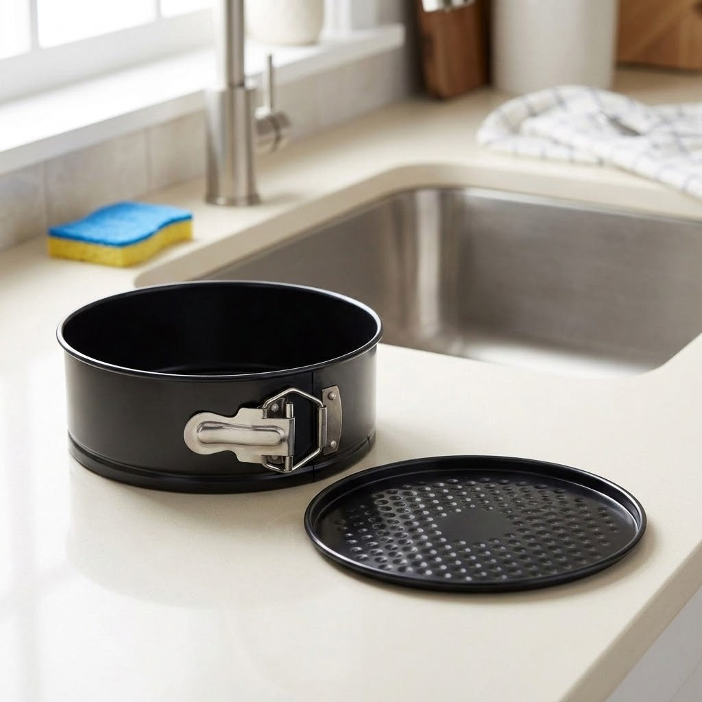A black springform cake pan with its lid placed beside it on a light beige kitchen countertop near a sink.