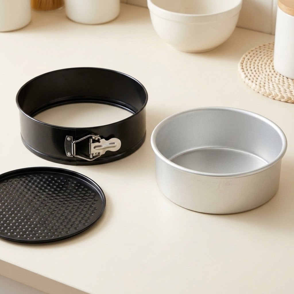 A round springform cake pan set on a light beige countertop, including a black ring with a silver clasp, a silver metal cake pan, and a black non-stick liner.
