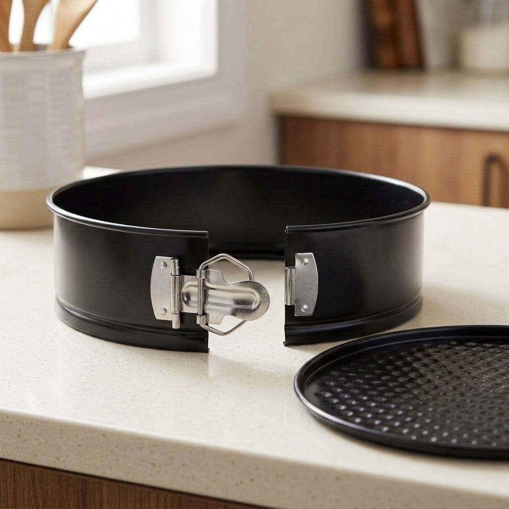 A black springform pan with a silver latch closure sits on a light countertop, with its matching round insert lid placed beside it in a softly blurred kitchen setting.