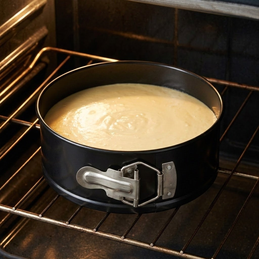 A black springform cake pan with a silver latch, filled with pale yellow cake batter, sitting on an oven rack inside an oven.