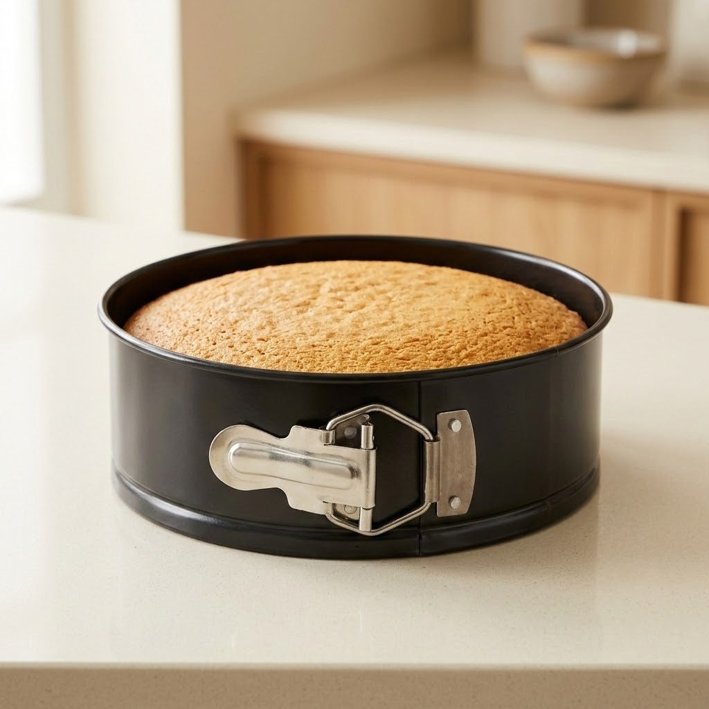 A round black springform cake pan with a silver latch, containing a baked cake, set on a light countertop in a softly blurred kitchen setting.