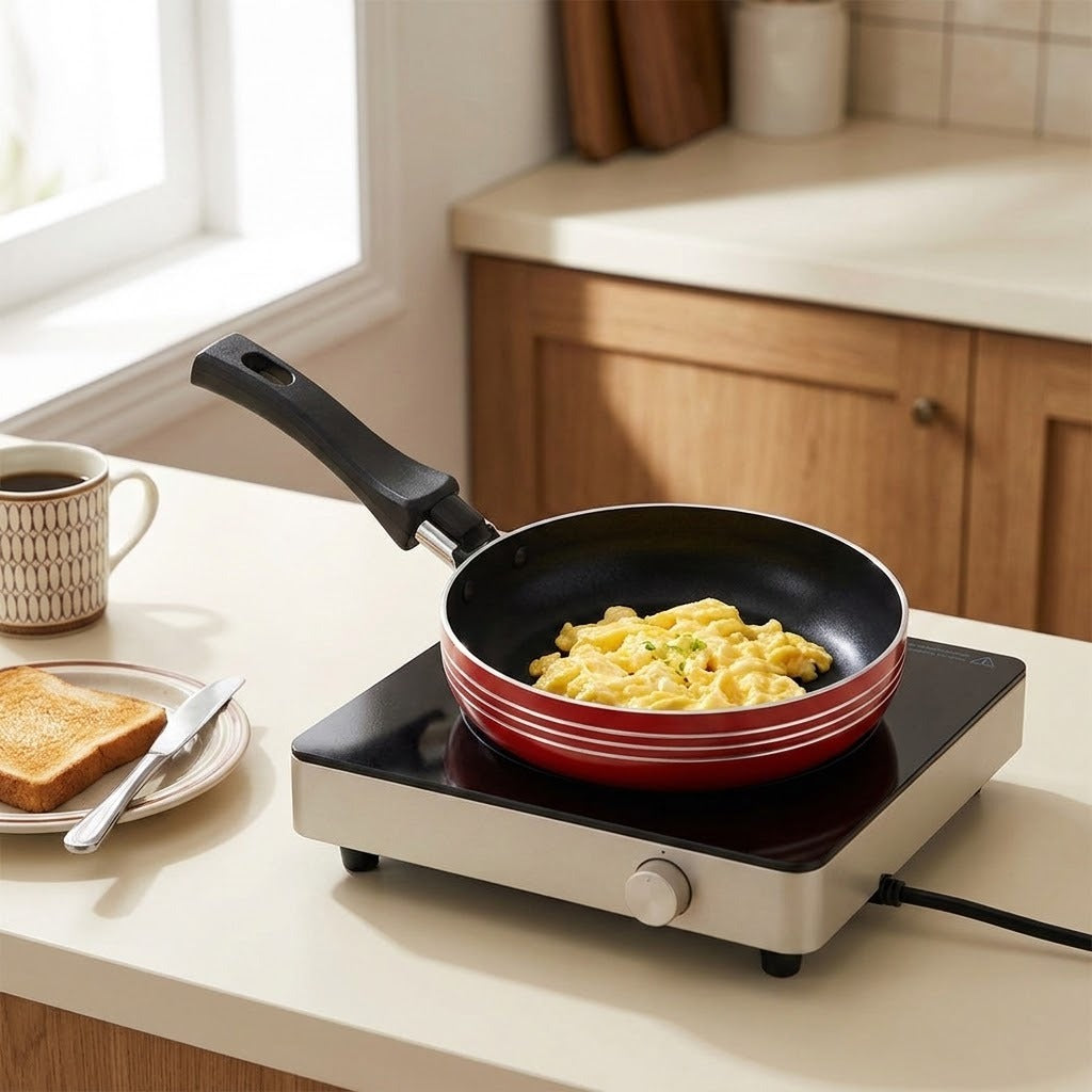 A red and black non-stick frying pan with a black handle sits on a white electric burner on a kitchen counter, with scrambled eggs cooking inside. A cup of coffee, a slice of toast, and a knife are visible on the left, and a kitchen background is in soft focus.