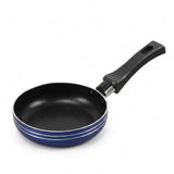 A small frying pan with a black interior, a blue exterior accented with two white stripes, and a black handle, shown on a plain white background.