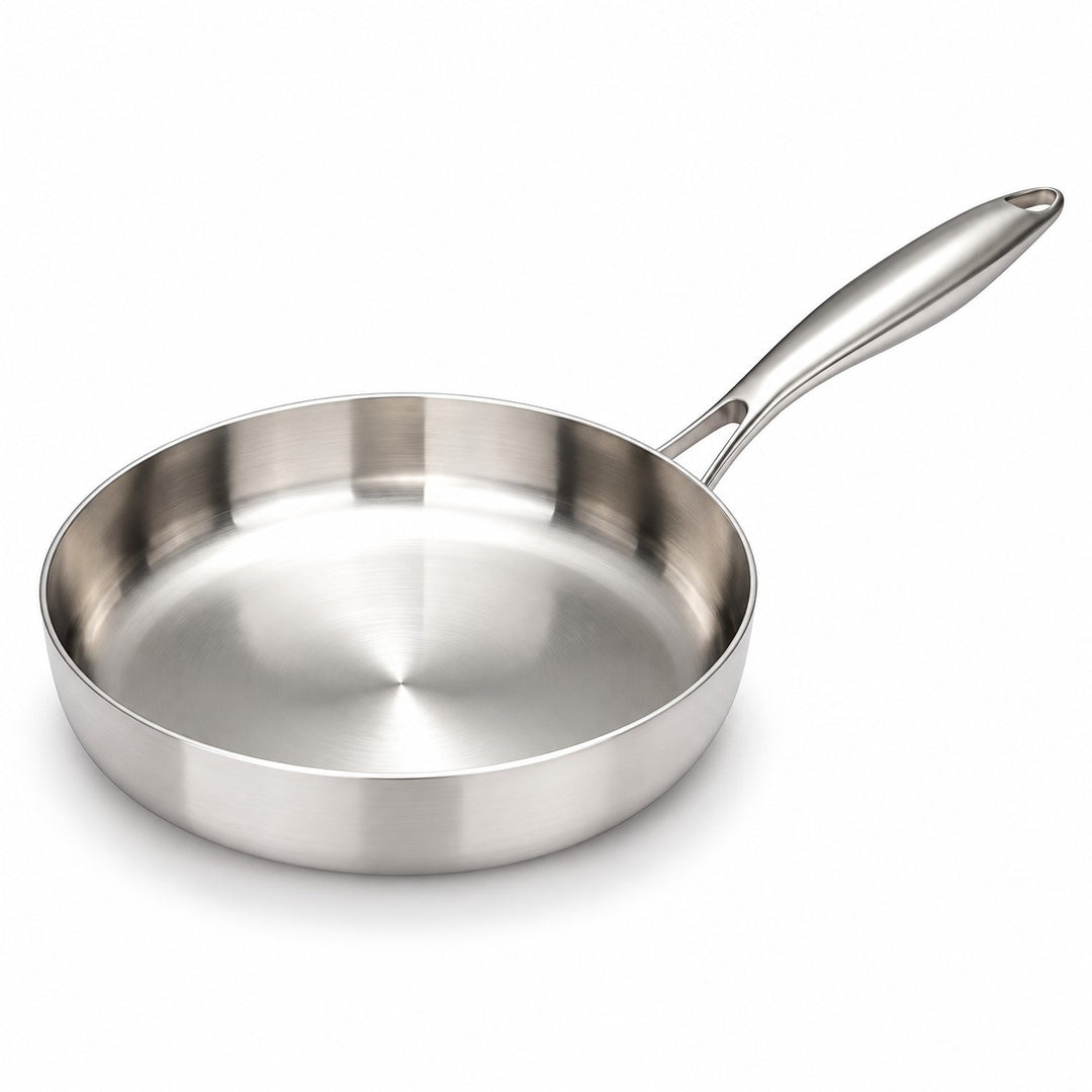 316 stainless steel frying pan with one long metal handle shown alone on a white background.