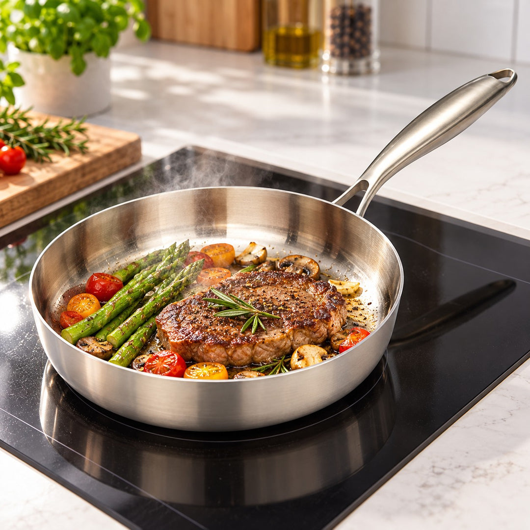 316 stainless steel frying pan cooks steak and vegetables on an induction cooktop in a home kitchen.