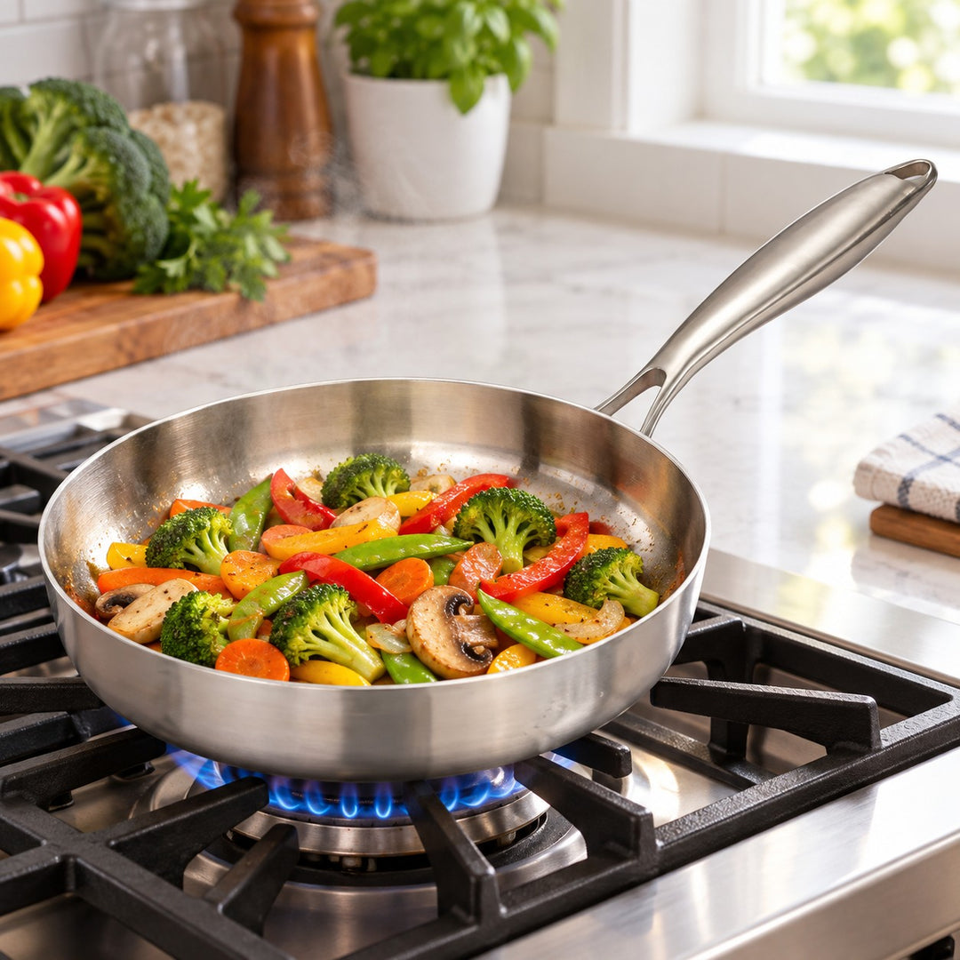 316 stainless steel frying pan stir-fries vegetables on a gas stovetop in a home kitchen.
