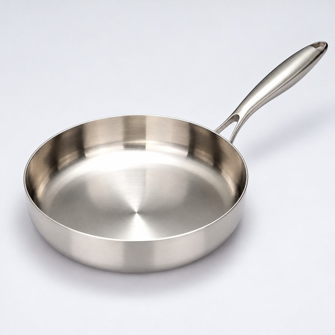 316 stainless steel frying pan, 28 cm size, centered on a light studio background with its handle visible.