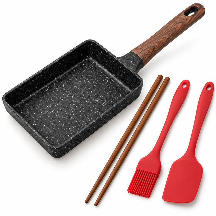 Japanese omelet pan set includes the pan, two wooden chopsticks, a red brush and spatula.