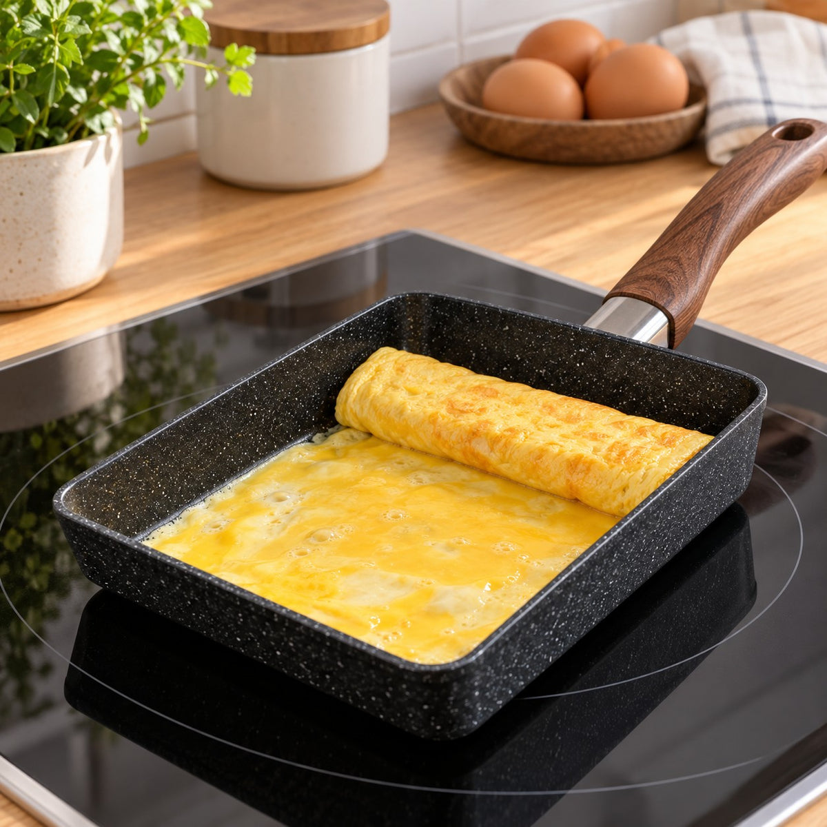 Japanese omelet pan cooks a thin egg layer for easy rolling on an induction cooktop.