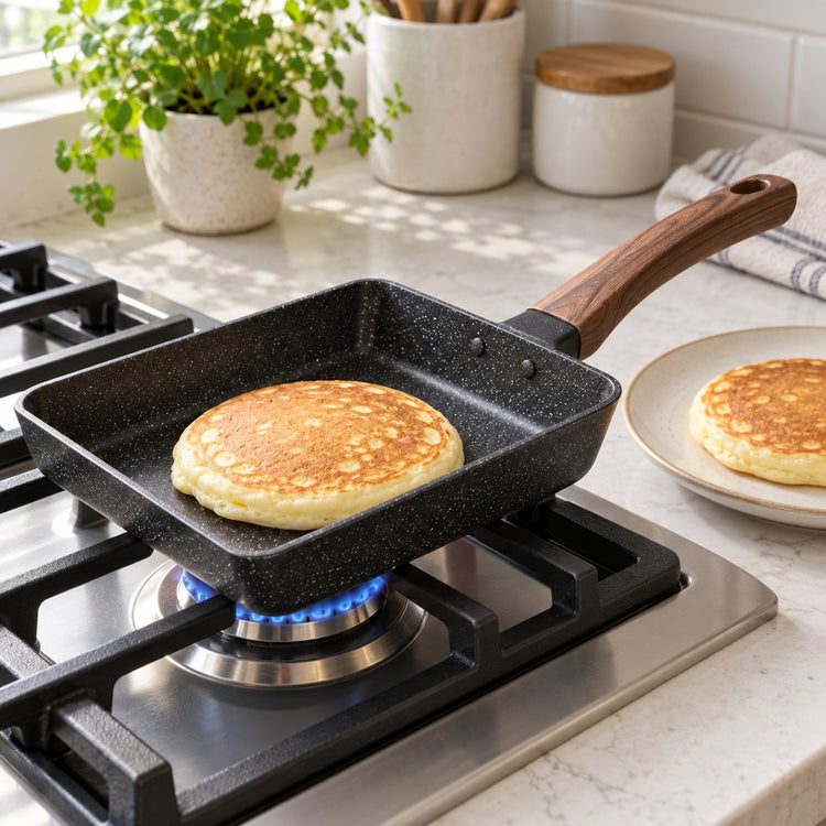 Japanese omelet pan cooks a small pancake on a gas cooktop beside a breakfast plate.