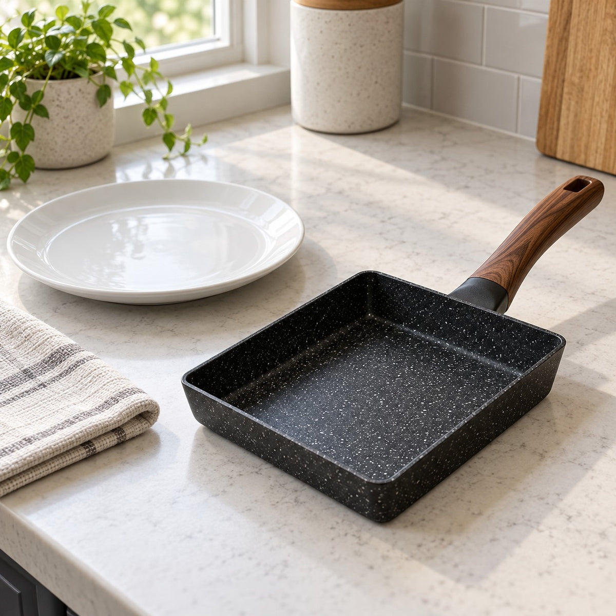 Compact Japanese omelet pan sits beside a breakfast plate to show its countertop scale.
