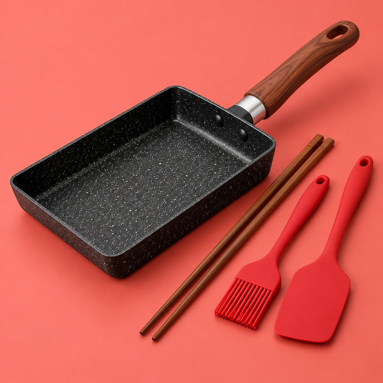 Japanese omelet pan set includes two wooden chopsticks, red silicone brush and spatula.