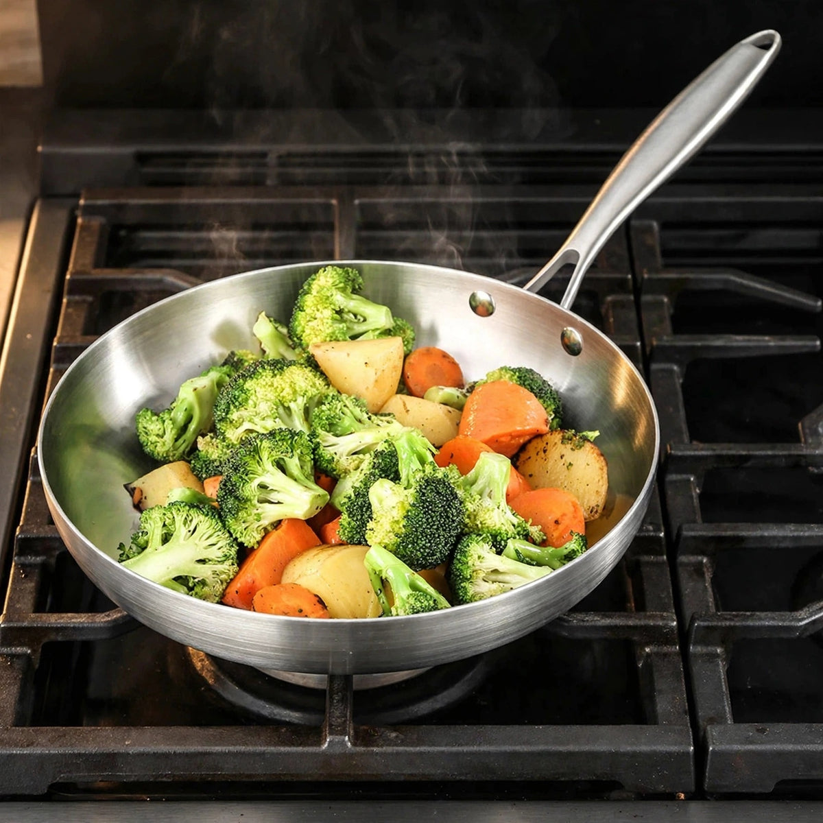 Silver metal frying pan holds steaming broccoli, carrots, and potatoes on a black gas stovetop.