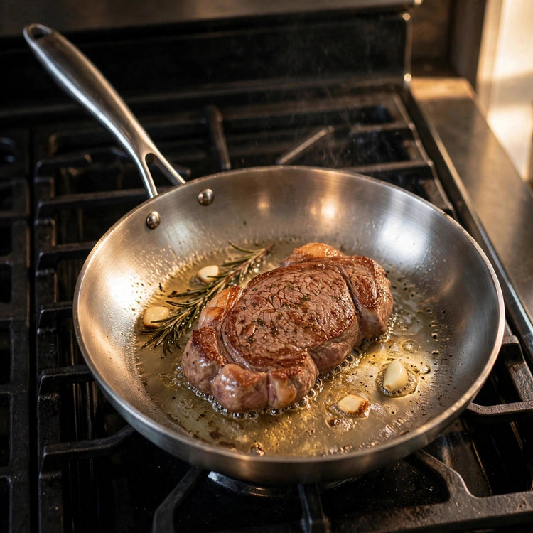 Silver metal frying pan holds a browned steak with garlic and rosemary in bubbling fat on a gas stovetop.