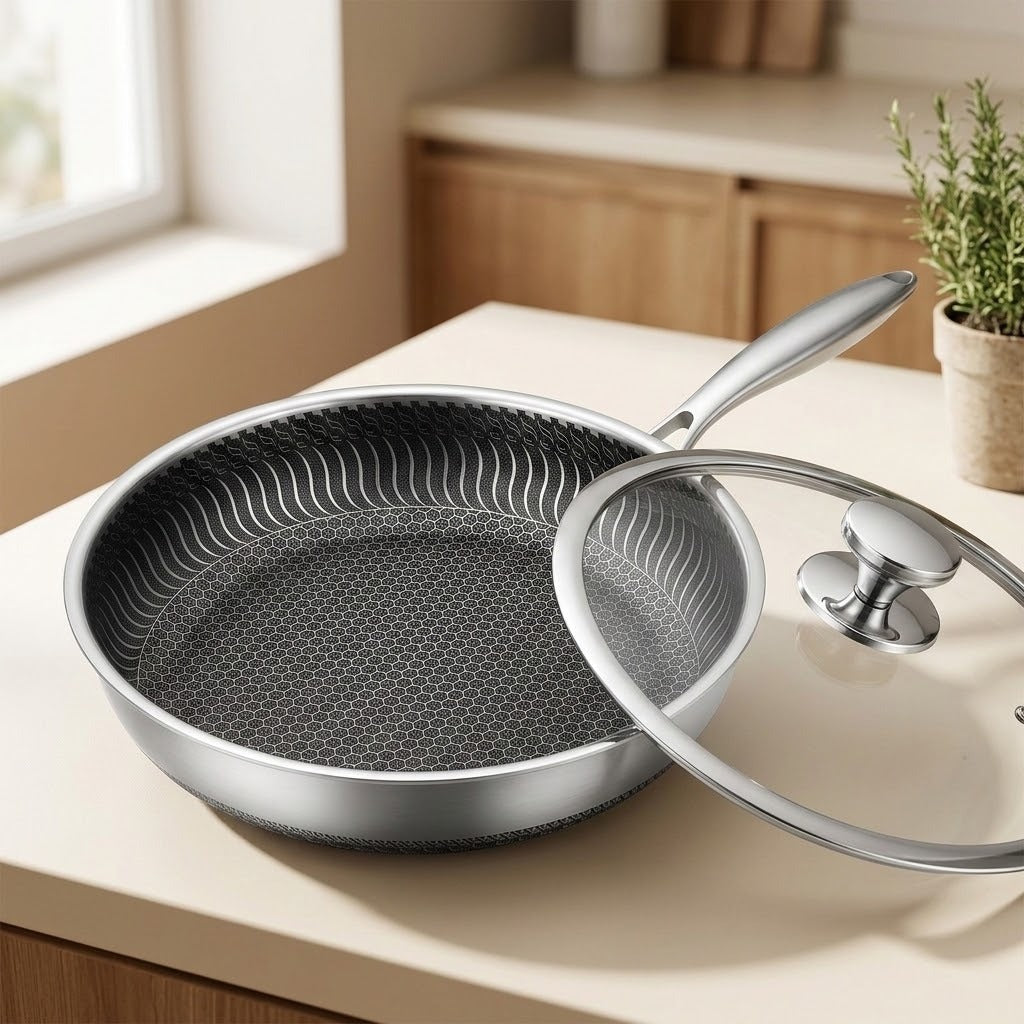 A stainless steel frying pan with a textured dark non-stick interior and a matching glass lid with a silver knob, set on a beige countertop in a kitchen.