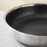 Close-up of a stainless steel frying pan showing the textured black non-stick interior with a honeycomb pattern and wavy ridge design.