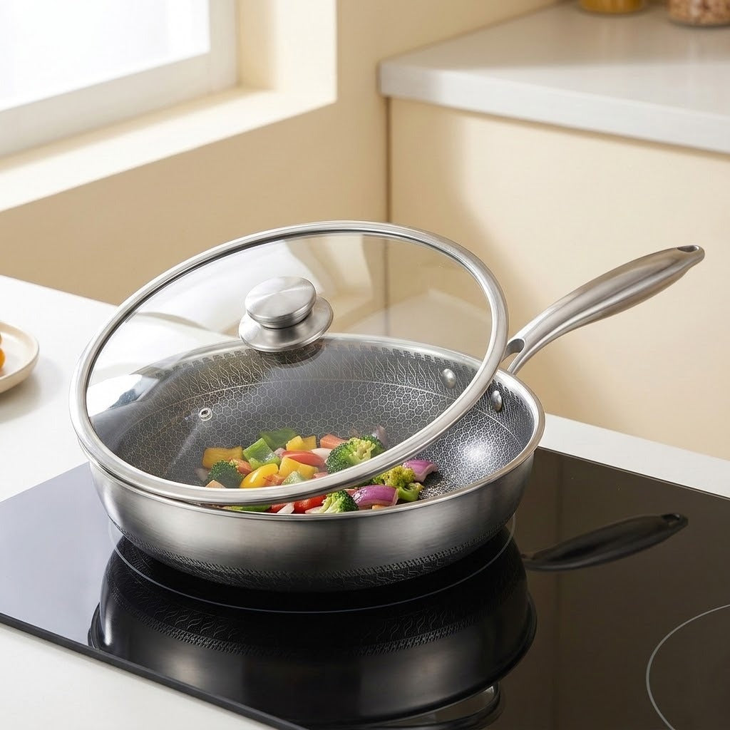 Stainless steel frying pan holding vegetables beneath a tilted glass lid with a silver knob on a black induction cooktop.