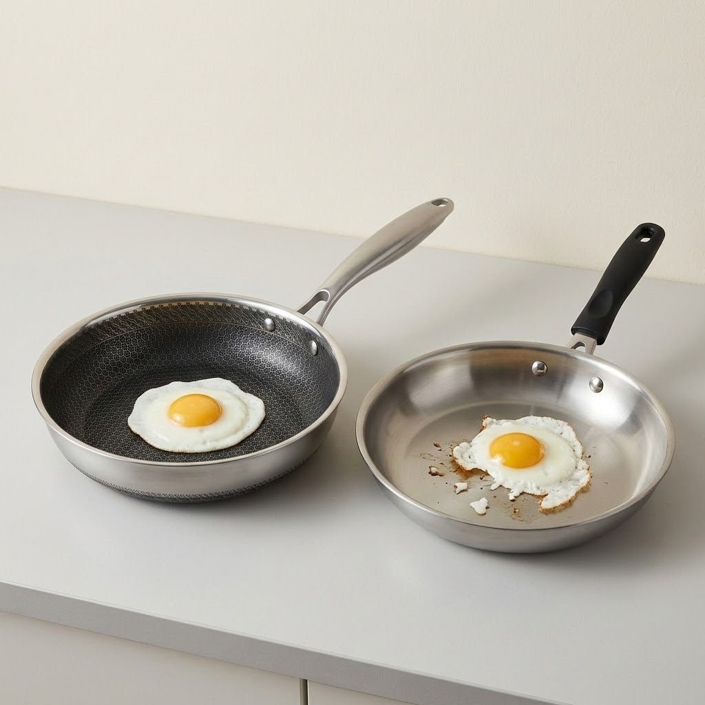 Two stainless steel frying pans with textured non-stick interiors sit on a light gray countertop, each holding a sunny-side-up egg.