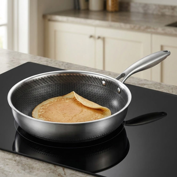 A stainless steel frying pan with a textured non-stick interior sits on a black induction cooktop, with a crepe or pancake cooking inside. The background shows a softly blurred kitchen setting with cream cabinets and a granite countertop.