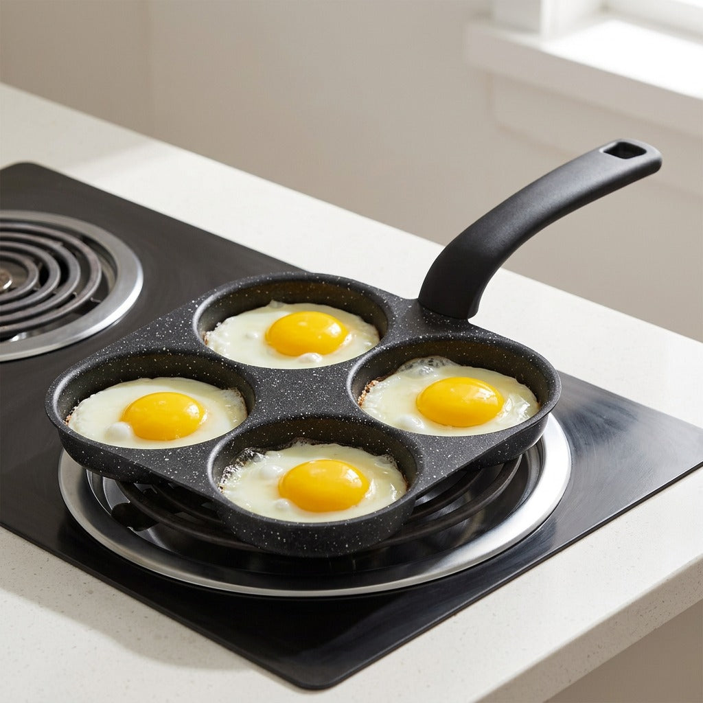 A black four-compartment egg pan with four sunny-side-up eggs cooking on a black electric stovetop burner, set on a white kitchen countertop.
