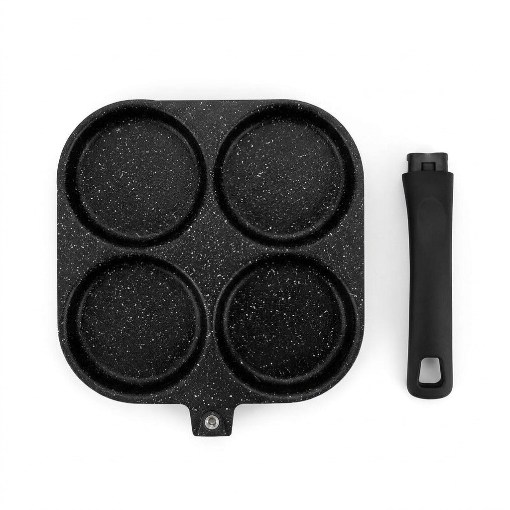 A black non-stick four-cup pan with a textured speckled finish, shown alongside its matching black handle on a plain white background.