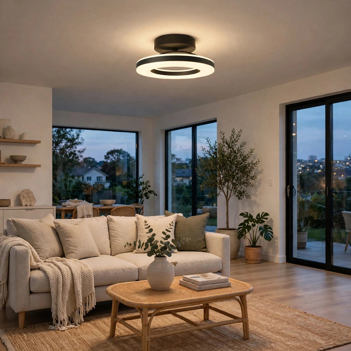 A modern ceiling light fixture with a black circular frame and a glowing white ring, mounted on the ceiling of a contemporary living room with a beige sofa, wooden coffee table, and large windows.