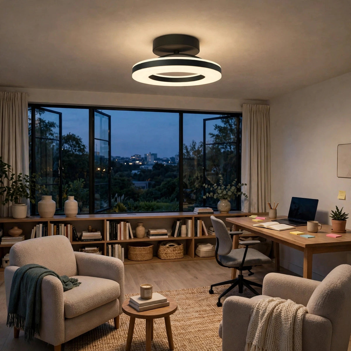 A modern circular ceiling light fixture with a black outer ring and a white illuminated inner ring, mounted on the ceiling of a cozy, warmly lit home office and living room.