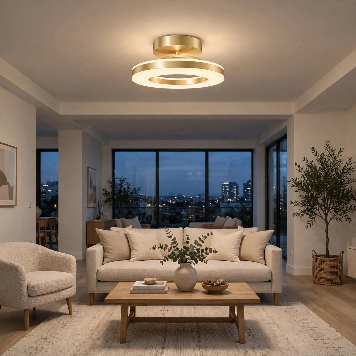 A modern circular ceiling light fixture with a brushed gold finish and warm white glow, installed in a bright contemporary living room with a sofa, coffee table, and large windows overlooking a city skyline at dusk.