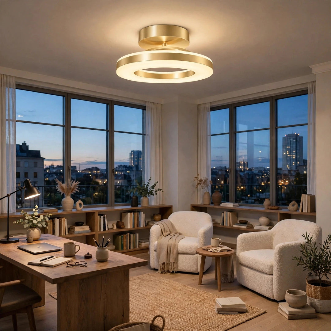 A modern double-ring LED ceiling light with a brushed gold finish is illuminated in a bright, contemporary living room with large windows overlooking a city skyline at dusk.