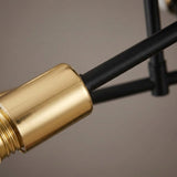 A close-up of the chandelier shows a gold-toned socket attached to a matte black arm against a gray background.