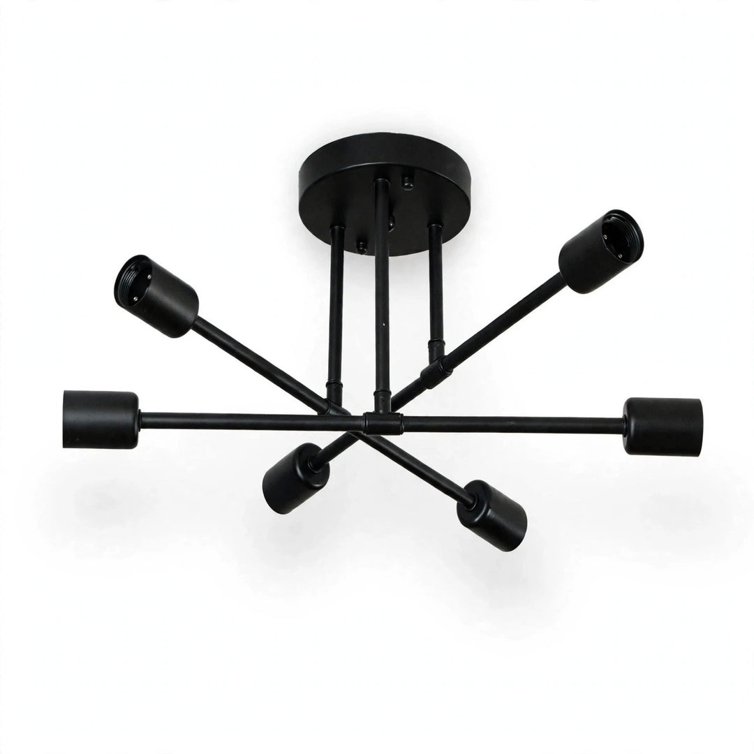 An all-black chandelier with crossing arms, six empty sockets, and a round ceiling canopy appears against a white background.