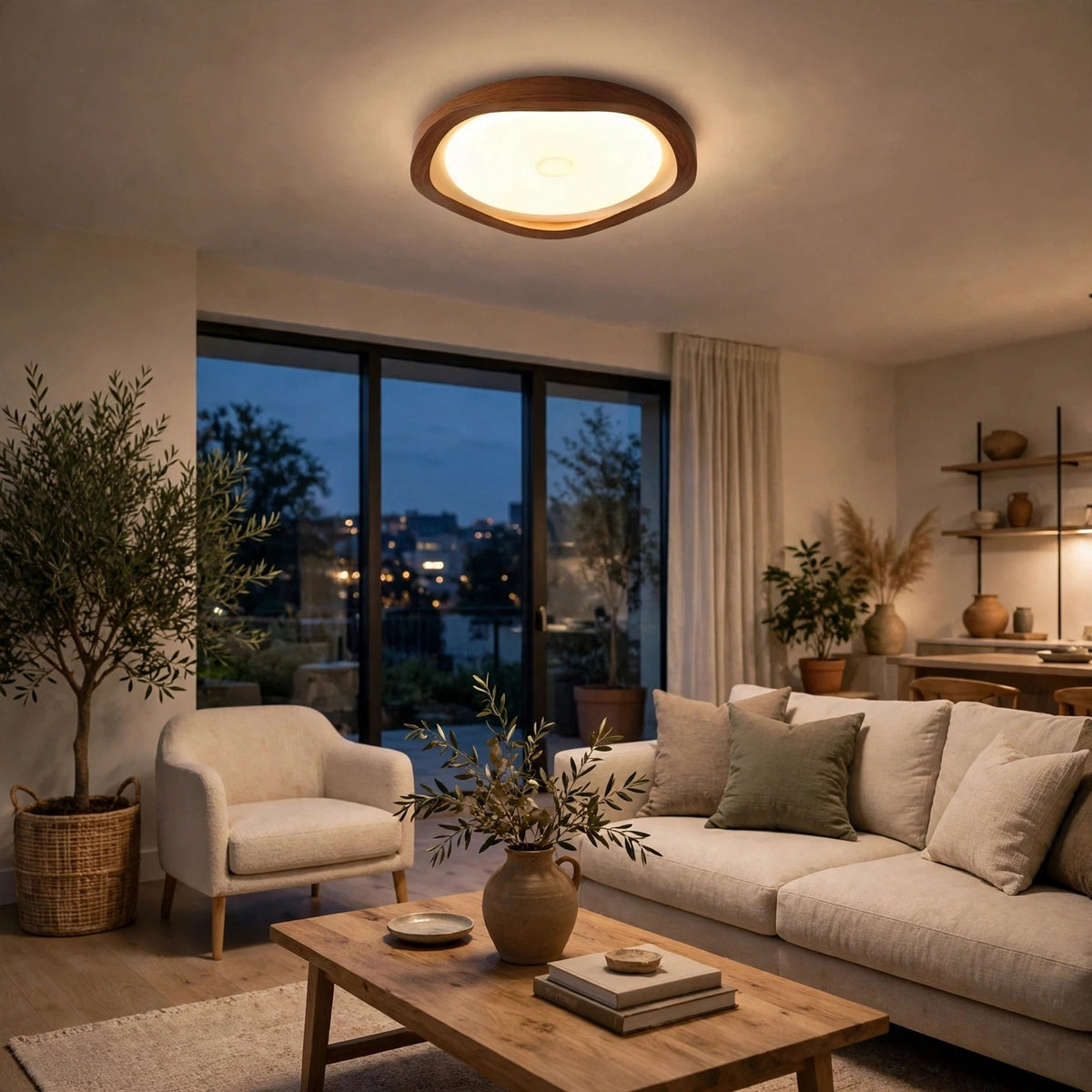 A modern oval ceiling light with a warm glowing white center and a dark wood frame, installed in a cozy, contemporary living room with a beige sofa, wooden coffee table, and large windows overlooking a city skyline at dusk.