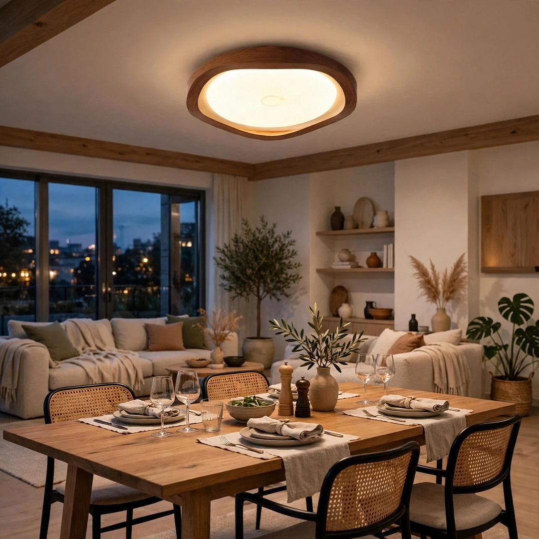 A modern round ceiling light with a warm wood frame and glowing frosted glass, mounted in a beautifully styled dining and living room with a wooden dining table, woven chairs, and cozy sofas.