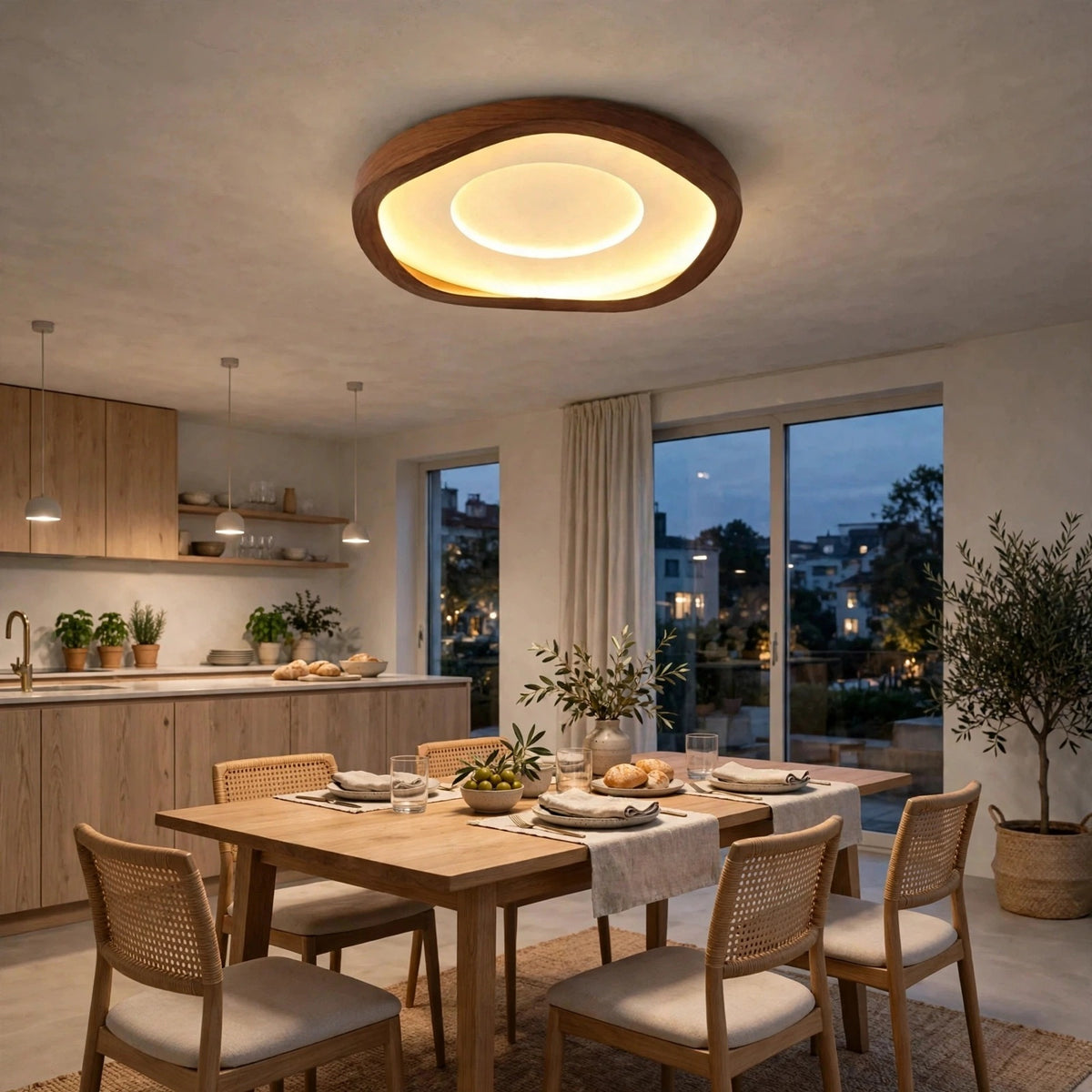 A modern oval ceiling light fixture with a dark wood frame and warm white LED lighting, installed in a contemporary dining room with a wooden dining table and chairs.