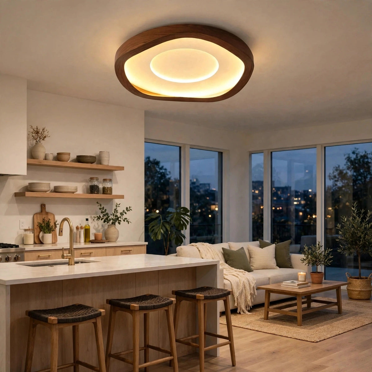 A modern, organic-shaped ceiling light fixture with a warm glowing LED ring and a dark wood frame, installed in a bright, contemporary loft apartment with a kitchen, bar stools, and a living room.