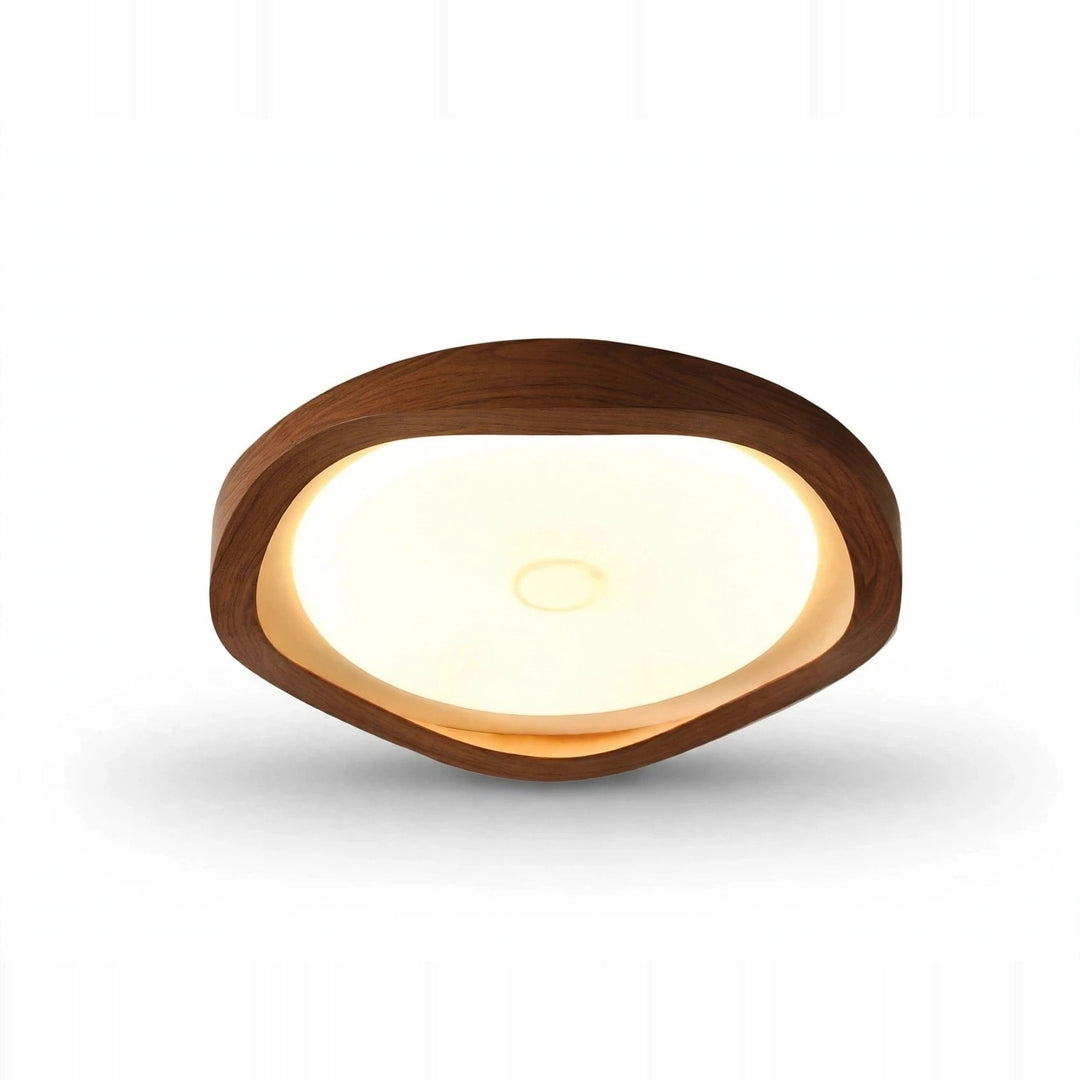 A modern oval ceiling light fixture with a dark brown wood frame and a glowing warm white LED light, shown against a plain white background.