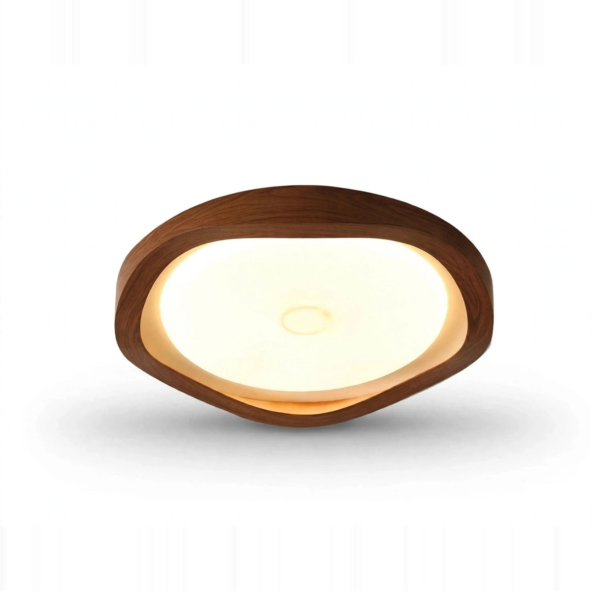 A modern oval ceiling light fixture with a dark brown wood frame and a glowing warm white LED light, shown against a plain white background.