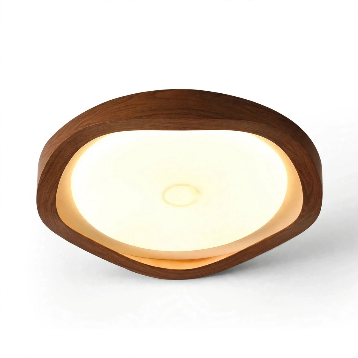 A modern oval LED ceiling light with a dark brown wood frame and a warm glowing frosted glass cover, shown on a clean white background.