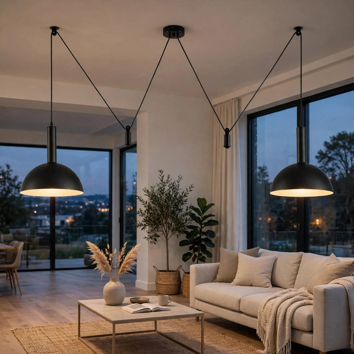 Two black dome pendant lights with slim black suspension cords hang over a modern living room with a beige sofa, coffee table, and large windows overlooking a city view at dusk.