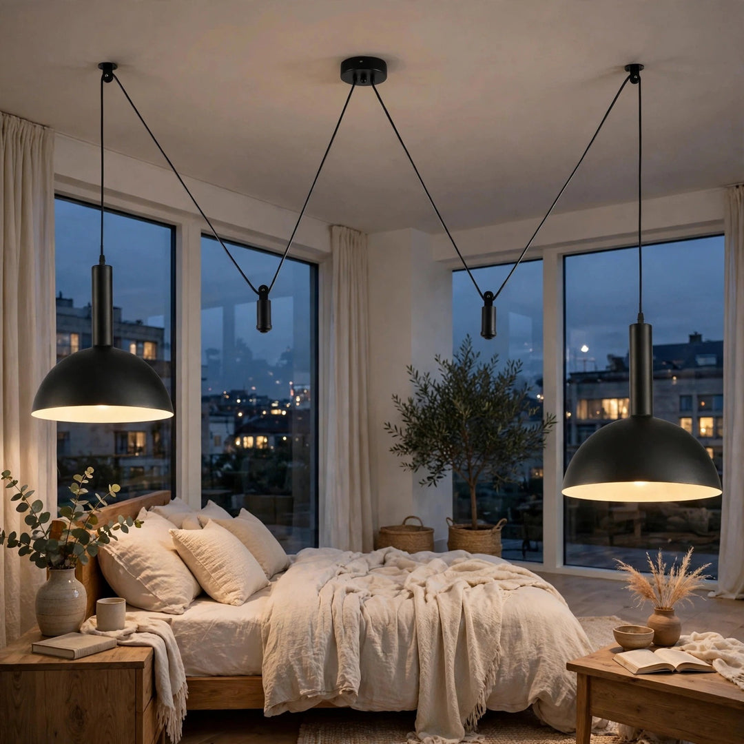 Two black pendant lights with large dome shades hang over a neatly made bed in a modern bedroom with large windows overlooking a city skyline at dusk.
