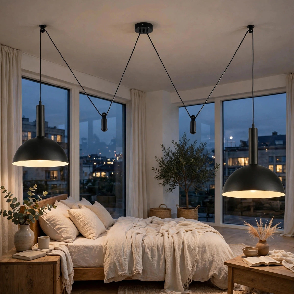 Two black pendant lights with large dome shades hang over a neatly made bed in a modern bedroom with large windows overlooking a city skyline at dusk.